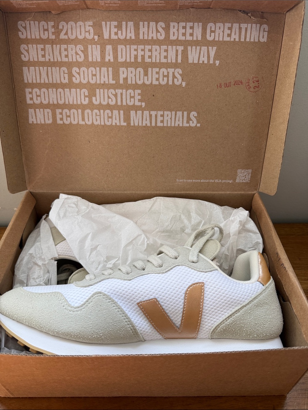VEJA White & Tan V-Logo Runner Sneakers
